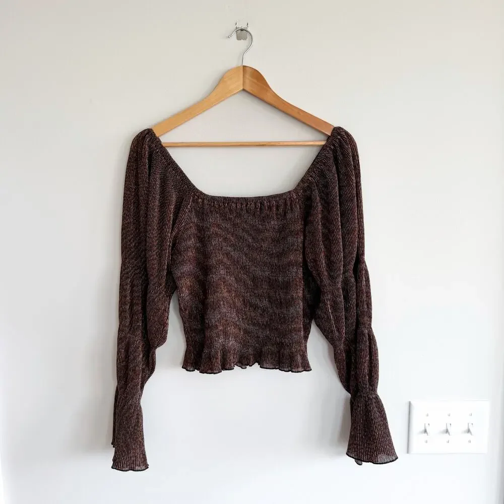 Anthropologie Bishop Smocked Metallic Shimmer Bell Sleeve Cropped Blouse Brown M